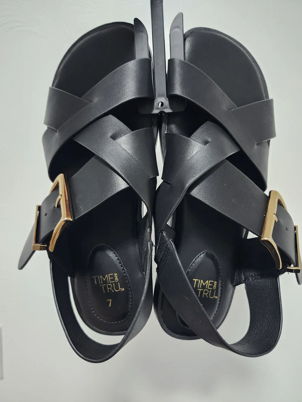Time and Tru Black Cross-Strap Sandals with Gold Buckle